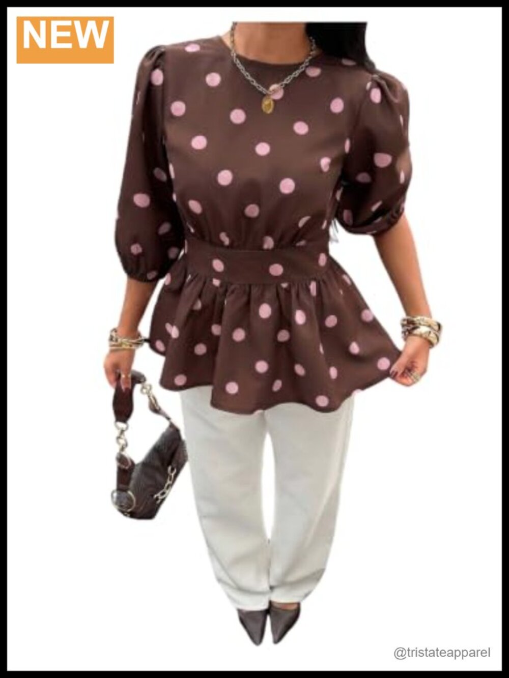Polka Dot Peplum Top Bow Back Ruffled Lantern Sleeve Dressy Work Blouse